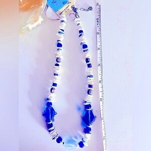 NWT necklace Fish Blue glass, striped, blue glass, & shell beads Adj 18”